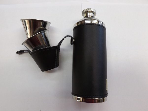 Artamis Polished Steel Hunting Flask with Two Cups and Black Leather Cover-0