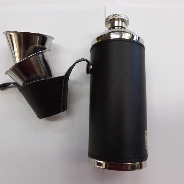 Artamis Polished Steel Hunting Flask with Two Cups and Black Leather Cover-0